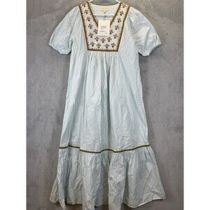 Ex Voto Dress Medium Whispering Blue Maxi Boutique Embroidered Floral V-neck